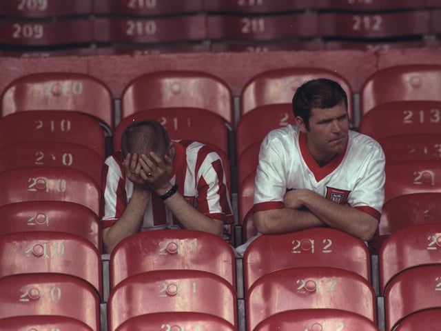 Disappointed Sunderland supporters sit in the stands after the Premier League match against Wimbledon at Selhurst Park in 1997.