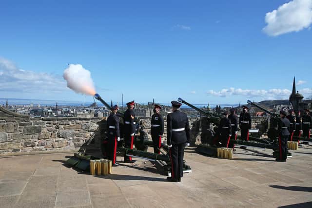 Members of the 105th Regiment Royal Artillery fire a 41-round gun salute at Edinburgh Castle, to mark the death of the Duke of Edinburgh. Picture: Andrew Milligan/PA Wire.