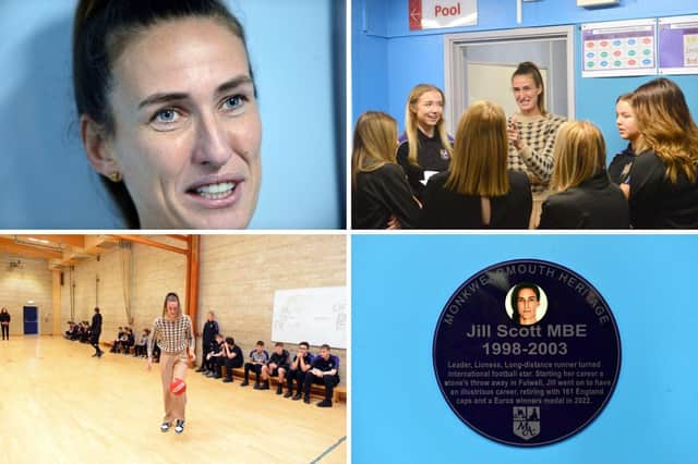 Jill Scott returned to her old school, Monkwearmouth Academy, to unveil a plaque in her honour.