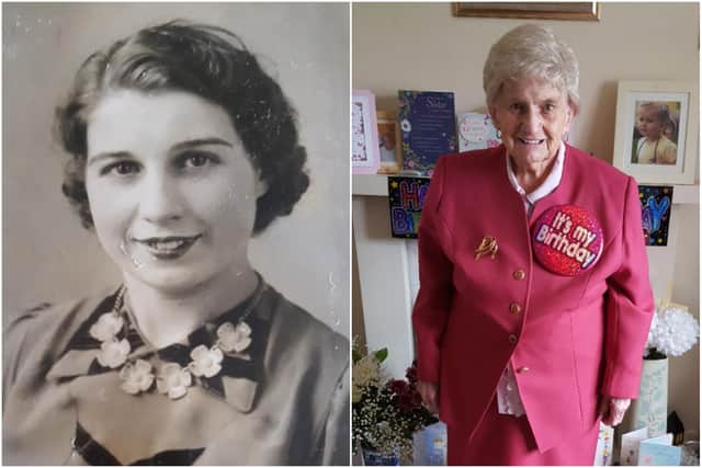 Myrtle May Wild celebrates her 100th birthday. Pictured (left) aged 18 and (right) on a previous birthday.