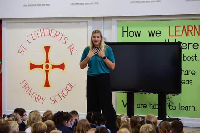 Olympic champion Rebecca Adlington addressed St Cuthbert's pupils at assembly. Picture by Kevin Brady.