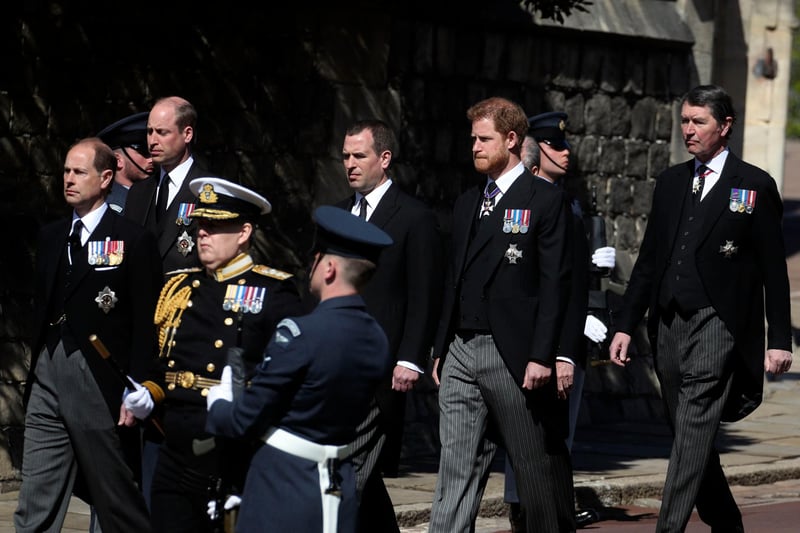 From left to right - The Earl of Wessex, the Duke of Cambridge, Peter Phillips and the Duke of Sussex, walking in the procession to St George's Chapel, Windsor Castle, Berkshire, for the funeral of the Duke of Edinburgh.