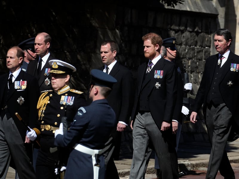 From left to right - The Earl of Wessex, the Duke of Cambridge, Peter Phillips and the Duke of Sussex, walking in the procession to St George's Chapel, Windsor Castle, Berkshire, for the funeral of the Duke of Edinburgh.