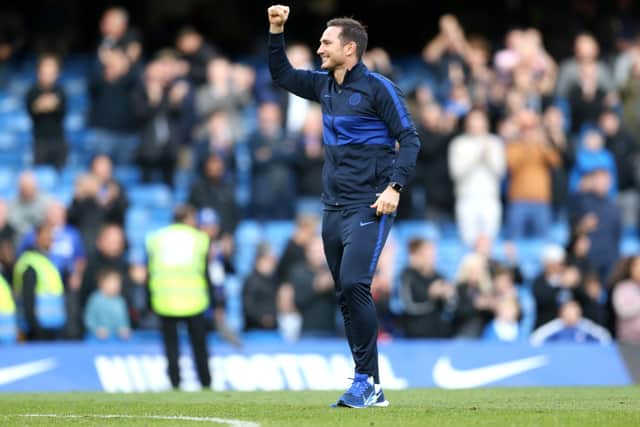 LONDON, ENGLAND - OCTOBER 19: Frank Lampard, Manager of Chelsea celebrates victory following the Premier League match between Chelsea FC and Newcastle United at Stamford Bridge on October 19, 2019 in London, United Kingdom. (Photo by Paul Harding/Getty Images)