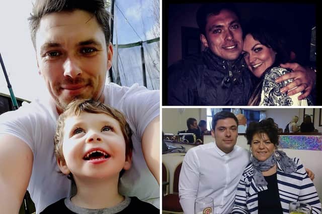 Left: Tom with son Marshall. Top right: Tom with sister Katie-Jayne. Bottom right: Tom and mum Jan.