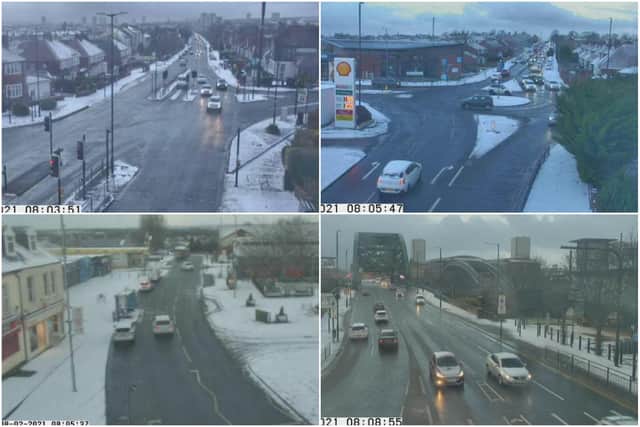 Stills from the @NELiveTraffic network show how Newcastle Road in Fulwell looked on the top left, the Springwell Road, A183 Chester Road and Holburn Road junction on the top right, Chester Road in Shiney Row on the bottom left and Wearmouth Bridge, bottom right.