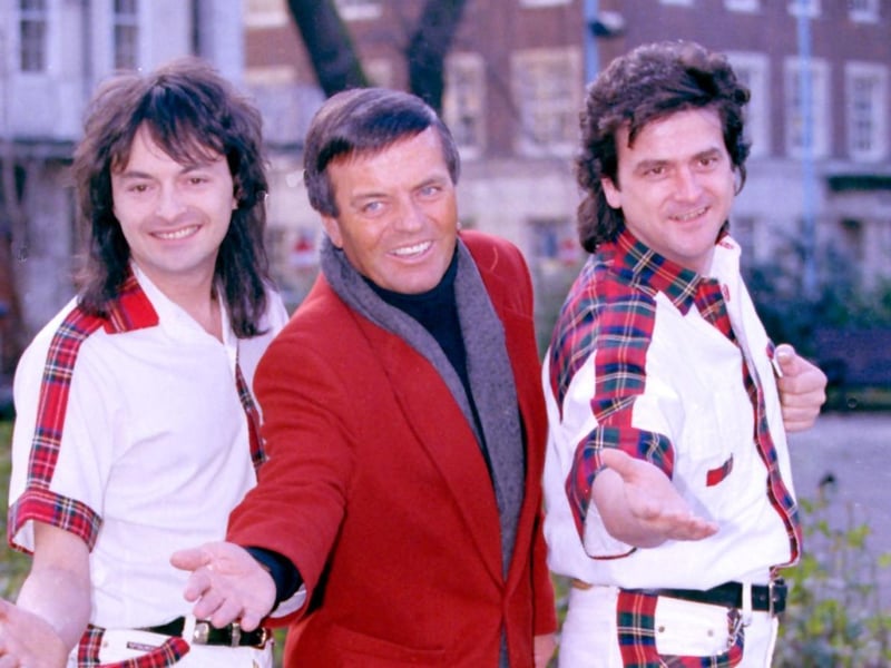 Tony Blackburn with Bay City Rollers Ian Mitchell and Leslie Mckeown (Right) at the launch of the BBC2 series, Sounds of the Seventies.