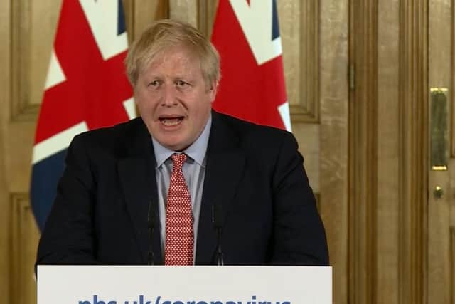Prime Minister Boris Johnson speaking at a news conference inside 10 Downing Street, London, after the latest COBRA meeting to discuss the government's response to coronavirus crisis. PA Photo.