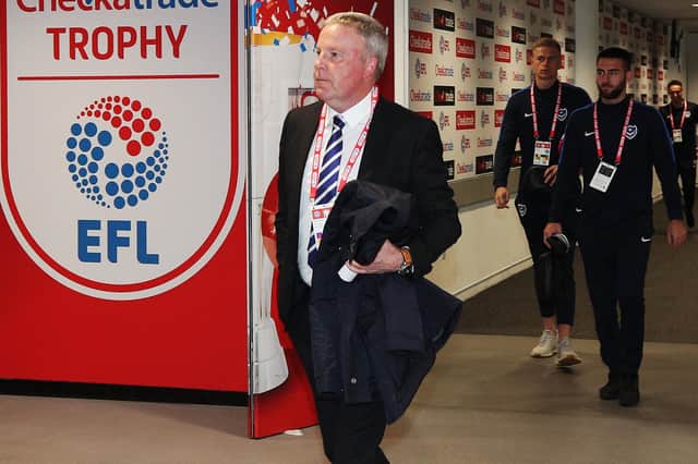 Pompey boss Kenny Jackett arrives at Wembley for the 2019 Checkatrade Trophy final. Picture: Joe Pepler