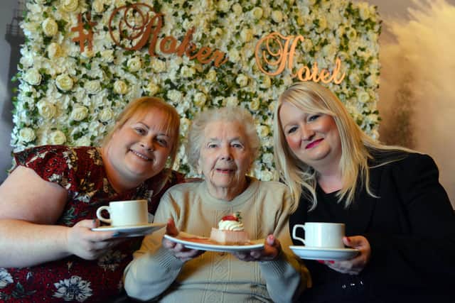 From left: MMCG Regional Sales and Marketing Coordinator Kerri Smith, care home resident Florrie Brown and Roker Hotel Weddings and Events Manager Angela Carruthers.