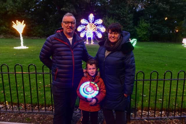 Justin Collins and Diane Harding with 5-year-old Roux Garroway of Sunderland at the first night of the Sunderland Festival of Light 2021 at Roker and Seaburn, on Thursday night.