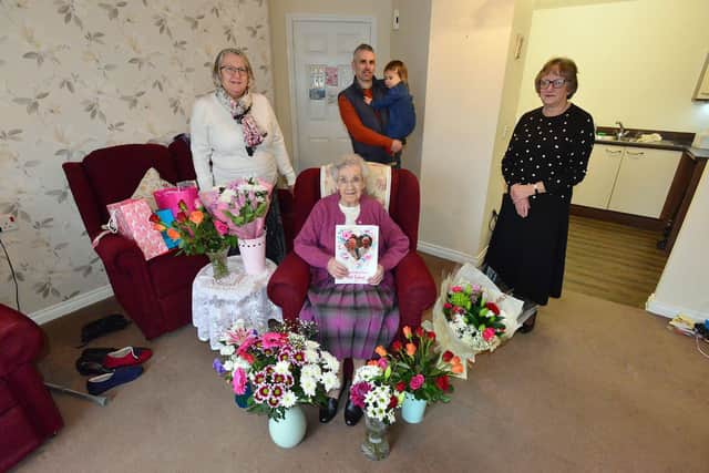 Nancy celebrated her 100th Birthday on January 4 with (rear left to right) daughter Brenda Cunningham, grandson Steve Cunningham, great-grand-daughter Daisy-Mai Cunningham and daughter Jean Thompson. Picture by Frank Reid