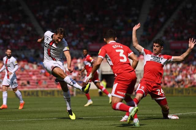 Sheffield United player Sander Berge shoots to score the opening goal against Middlesbrough. (Photo by Stu Forster/Getty Images)