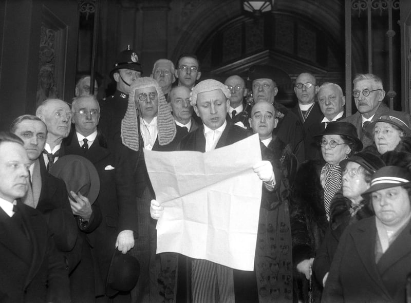 Edward VIII Proclamation being read from Sunderland Town Hall steps by the Town Clerk of Sunderland, Mr G S McIntire. It made Echo headlines on this day in 1936.