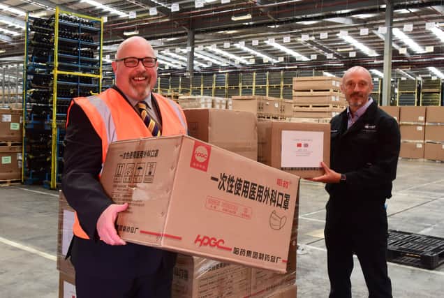 Leader of Sunderland City Council, Councillor Graeme Miller with Martin Kendall, MD of Vantec Europe Limited, at Vantec in Washington. Sunderland received a PPE donation from Harbin in June.