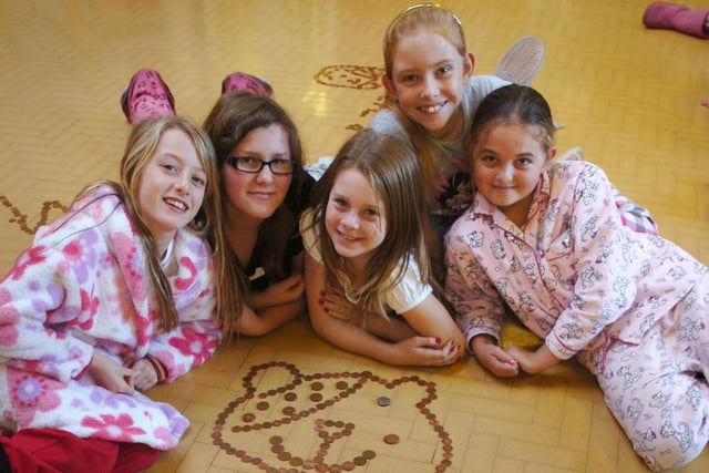 Year 6 pupils at South Hetton Primary School who dressed in their pyjamas and made a Pudsey face out of pennies for Children in Need. Who remembers this from 2009?