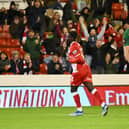 Fabio Jalo of Barnsley celebrates his goal to make it 2-2 during the Emirates FA Cup First Round match between Barnsley and Horsham at Oakwell Stadium.