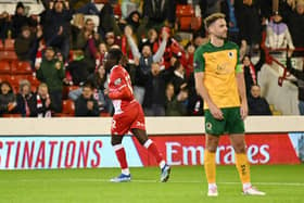 Fabio Jalo of Barnsley celebrates his goal to make it 2-2 during the Emirates FA Cup First Round match between Barnsley and Horsham at Oakwell Stadium.