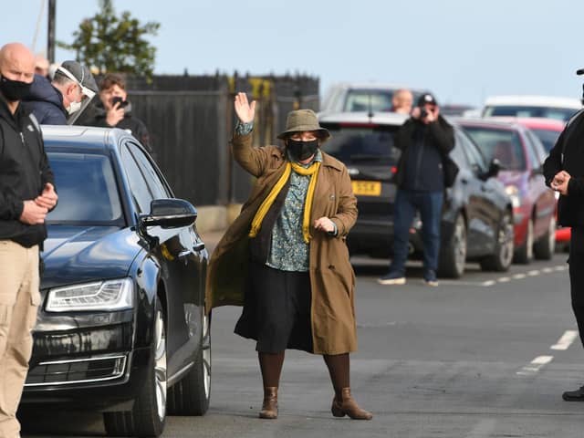 Brenda Blethyn as DCI Vera Stanhope waving at fans while filming for series 11 in the North East.