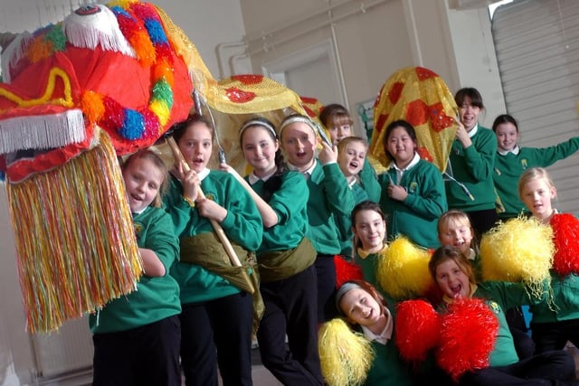 Year 5 cheerleaders helped to make the Chinese New Year celebrations extra special at West Rainton Primary School in 2013, while Year 6 students carried the dragon they made for the occasion.