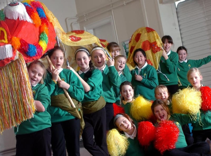 Year 5 cheerleaders helped to make the Chinese New Year celebrations extra special at West Rainton Primary School in 2013, while Year 6 students carried the dragon they made for the occasion.