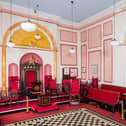 Temple or Lodge Room, east wall to left showing the Worshipful master's chair- with south wall to right.
