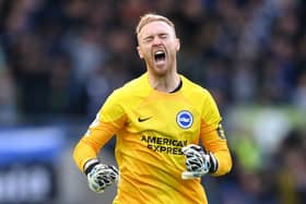 BRIGHTON, ENGLAND - APRIL 01: Jason Steele of Brighton & Hove Albion celebrates after the team's third goal during the Premier League match between Brighton & Hove Albion and Brentford FC at American Express Community Stadium on April 01, 2023 in Brighton, England. (Photo by Justin Setterfield/Getty Images)