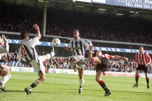 Kevin Ball twists to volley home the winner at West Brom in 1998.