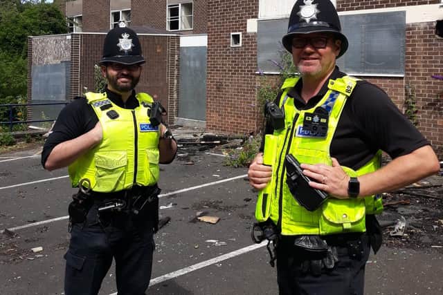 PC Peter Collins (left) and PC Tom Loftus at the former Farringdon Police Station site