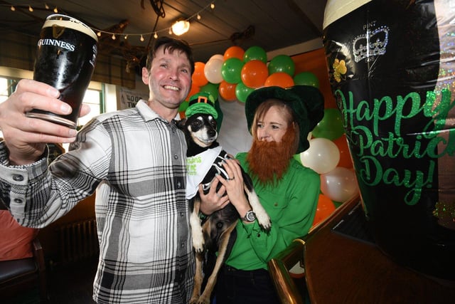 Saltgrass customers James Vokes, his wife Michelle and their beloved dog 'Leo' celebrate St Patrick's Day.