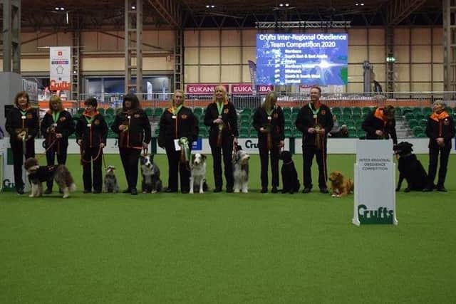 Nora and Donna (centre) and the rest of the northern team on the green carpet at Crufts.