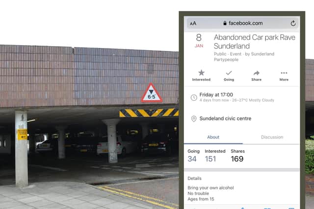 An advert for an illegal rave at Sunderland Civic Centre car park has appeared on Facebook (Screenshot taken at time of event post).