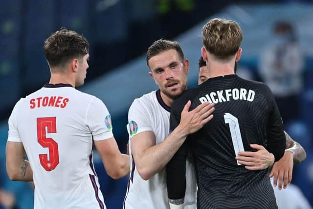 Former Sunderland players Jordan Henderson and Jordan Pickford playing for England. (Photo by Alberto PIZZOLI / POOL / AFP) (Photo by ALBERTO PIZZOLI/POOL/AFP via Getty Images)