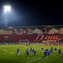 Doncaster players warming up.