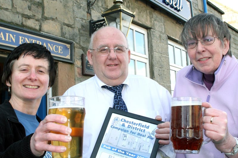 The Blue Bell at Bolsover Rhoda Waygood of CAMRA,landlord Kevin Maidens and CAMRA's Mary Keast.