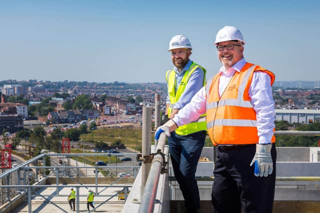 The new Sunderland Town Hall, part of The Riverside Development, has topped out as it reached the highest point. Councillor Graeme Miller and Paul Anderson (Senior Project Manager at Bowmer & Kirland)