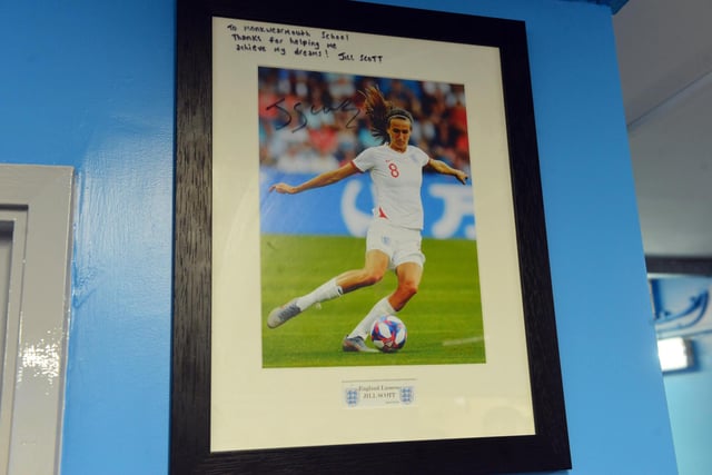 A signed photograph in the PE Department from one of Jill's 161 appearances for England.