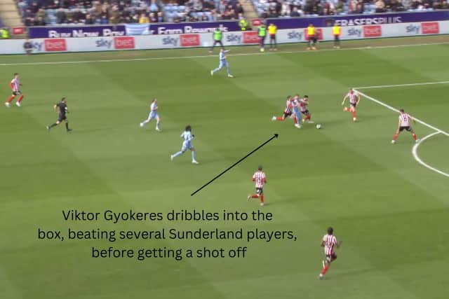 Coventry striker Viktor Gyokeres manages to dribble into the box, beating several Sunderland players, before registering a shot at goal.