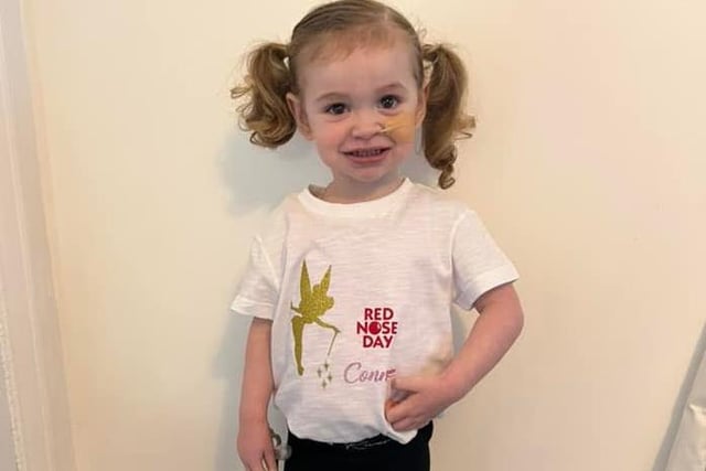 Two-year-old Connie in her Tinker Bell top for Comic Relief.