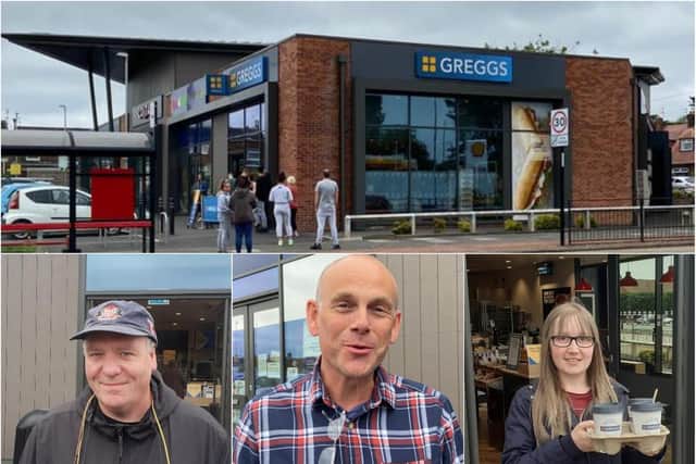 Greggs customers, Terry Taylor, Ted Martin and Elisha Waller and queues outside the Greggs on Springwell Road in Grindon