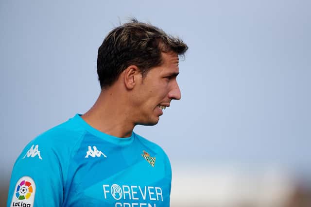 CADIZ, SPAIN - JULY 24: Joel Robles of Real Betis looks on during a Pre Season Friendly Match between Real Betis and Wolverhampton Wanderers at Estadio Municipal de la Linea on July 24, 2021 in Cadiz, Spain. (Photo by Fran Santiago/Getty Images)
