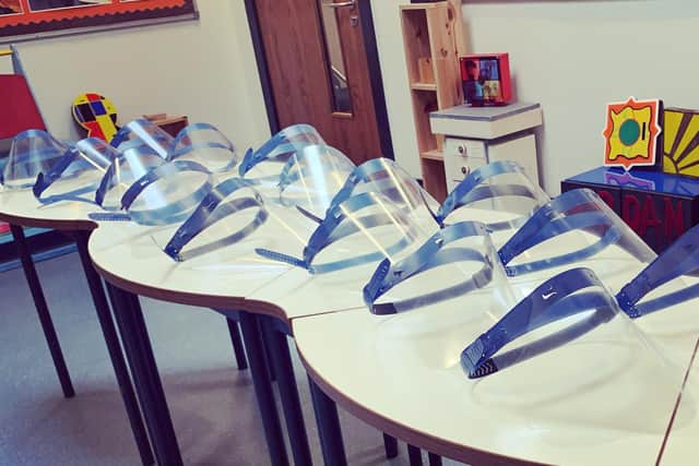 Some of the finished face shields, waiting to be distributed to NHS and other frontline workers.