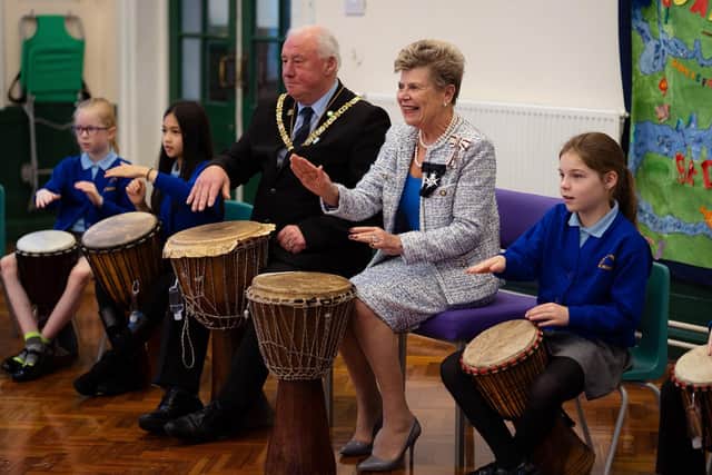 The Lord Lieutenant of County Durham, Sue Snowdon, visits Shotton Colliery Primary School with the chairman of Durham County Council, Watts Stelling.