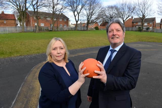 Thornhill Park School's headteacher Christine Cave and North East Autism Society chief executive John Phillipson in the play area they hope Echo readers will help transform.