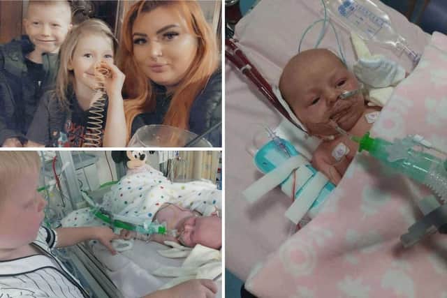 Top left: Kaiden and Aliyah Liddle with mum Carley Yoxall. Bottom left: Kaiden and baby Aliyah. Right: Aliyah as a newborn in intensive care.