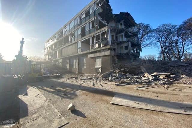 Demolition work taking place to 1960s buildings at Ashburne House site, Ashbrooke (2020)