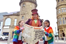 Charlie and the Chocolate Factory tour visits Sunderland Empire. Gareth Snook as Willy Wonka and Charlies from left Jessie-Lou Harvie, 12 and Harmony Raine Riley, 11.