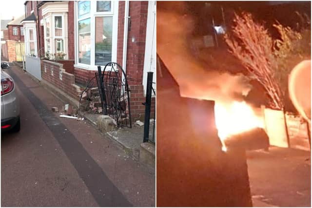 The damage caused during the initial disturbance in Ridley Street. Right: A car was set alight in Southwick Road.
