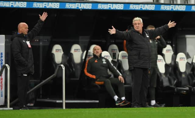 Newcastle manager Steve Bruce reacts on the touchline during the Premier League match between Newcastle United and Manchester United at St. James Park on October 17, 2020 in Newcastle upon Tyne, England.