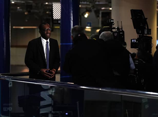 Chancellor of the Exchequer Kwasi Kwarteng speaking to the media ahead of the Conservative Party annual conference at the International Convention Centre in Birmingham